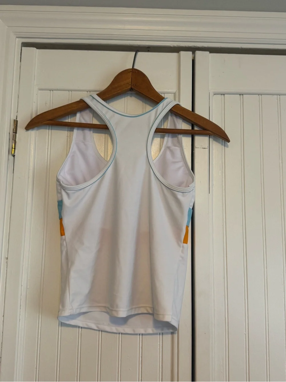 Kids White Tankini Top with Aqua and Orange Stripes